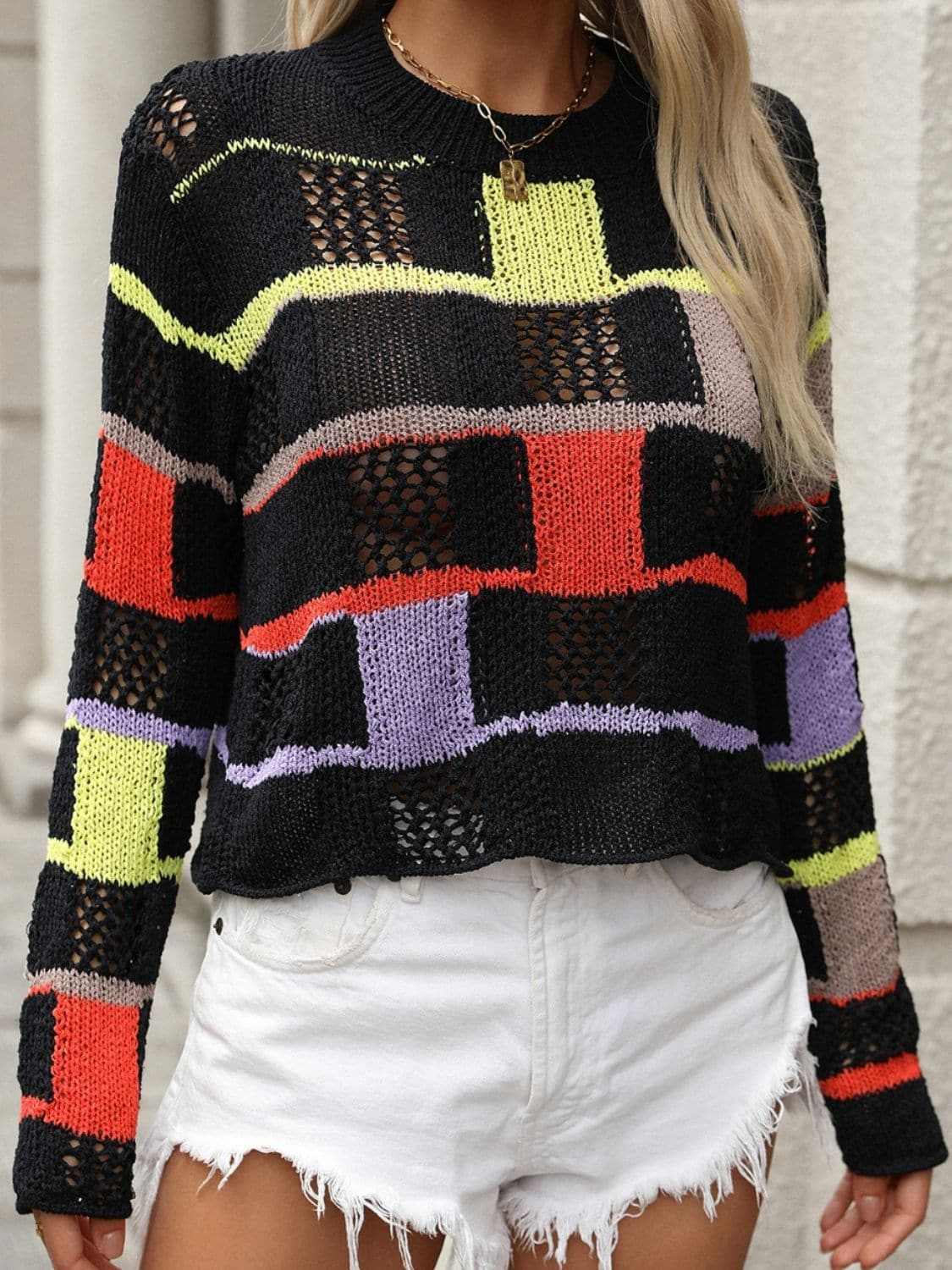 Colorful crochet round neck pullover - Love Salve